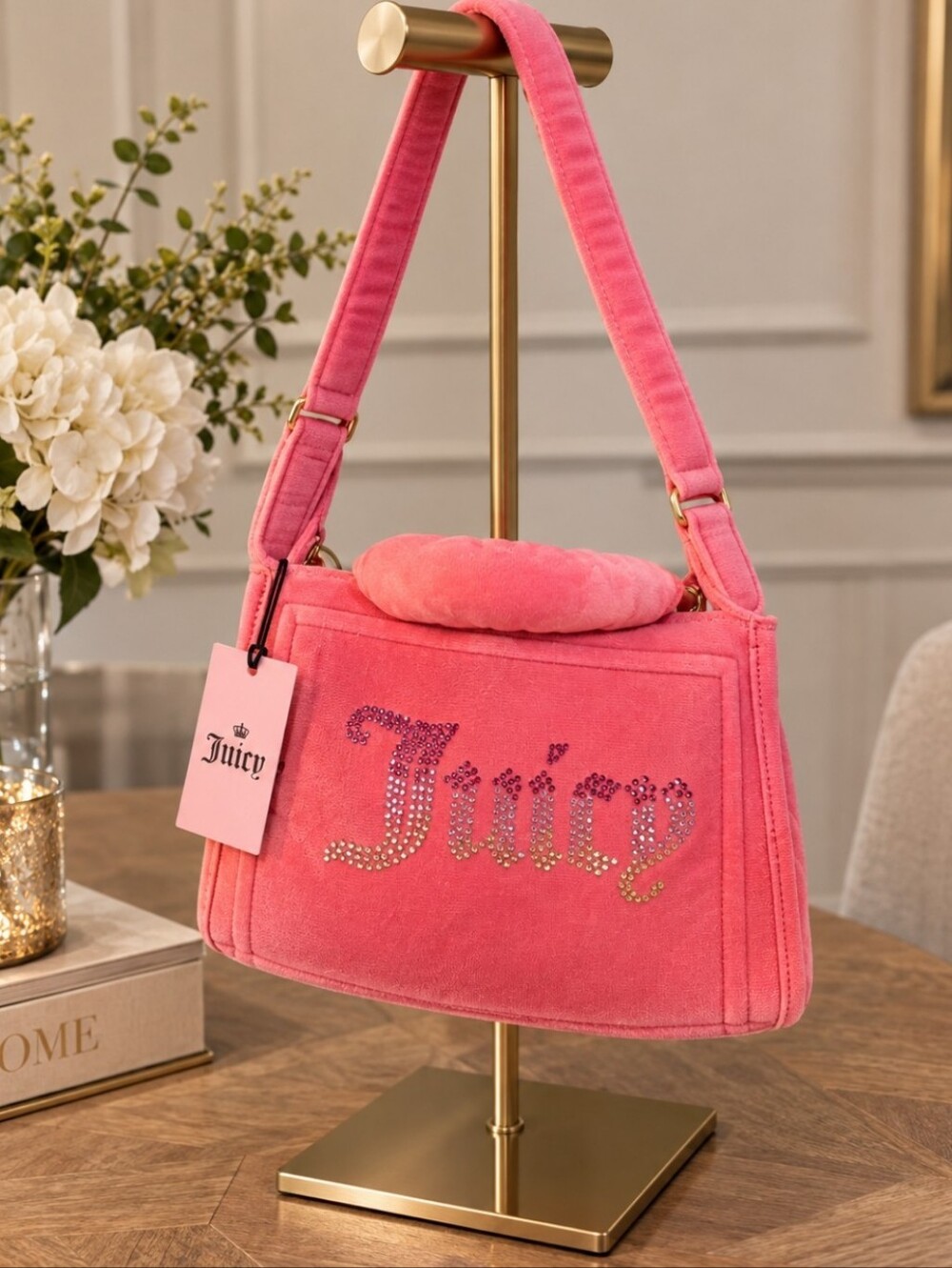 Juicy Couture Hot Pink Velour Shoulder Bag with Rhinestone Logo